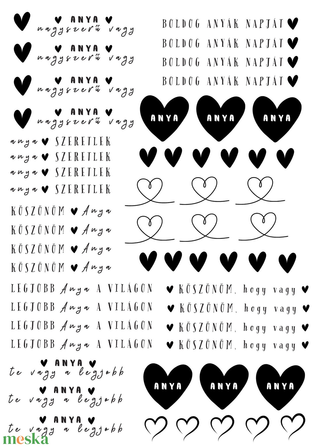 Anyák napi feliratgyűjtemény fekete-fehér� nyomtatható PDF A4 (matrica, waterslide, dekor) - művészet - grafika & illusztráció - digitális - Meska.hu