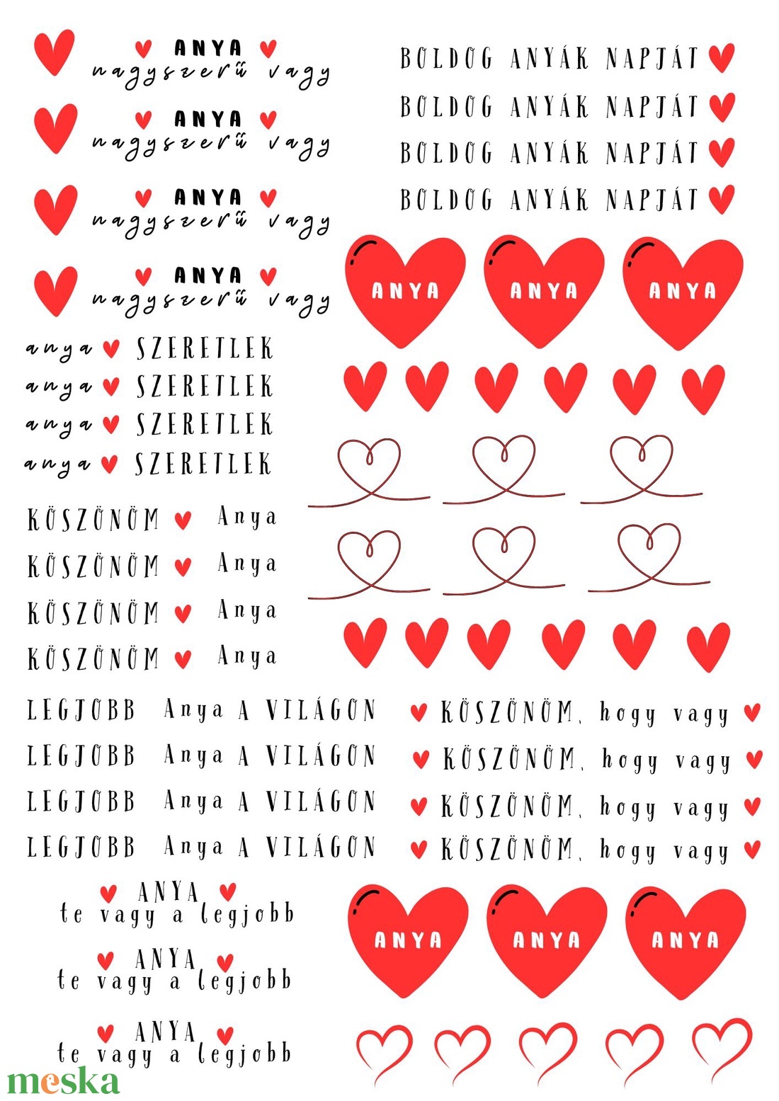 Anyák napi feliratgyűjtemény piros�fekete - nyomtatható PDF A4 (matrica, waterslide, dekor) - művészet - grafika & illusztráció - digitális - Meska.hu