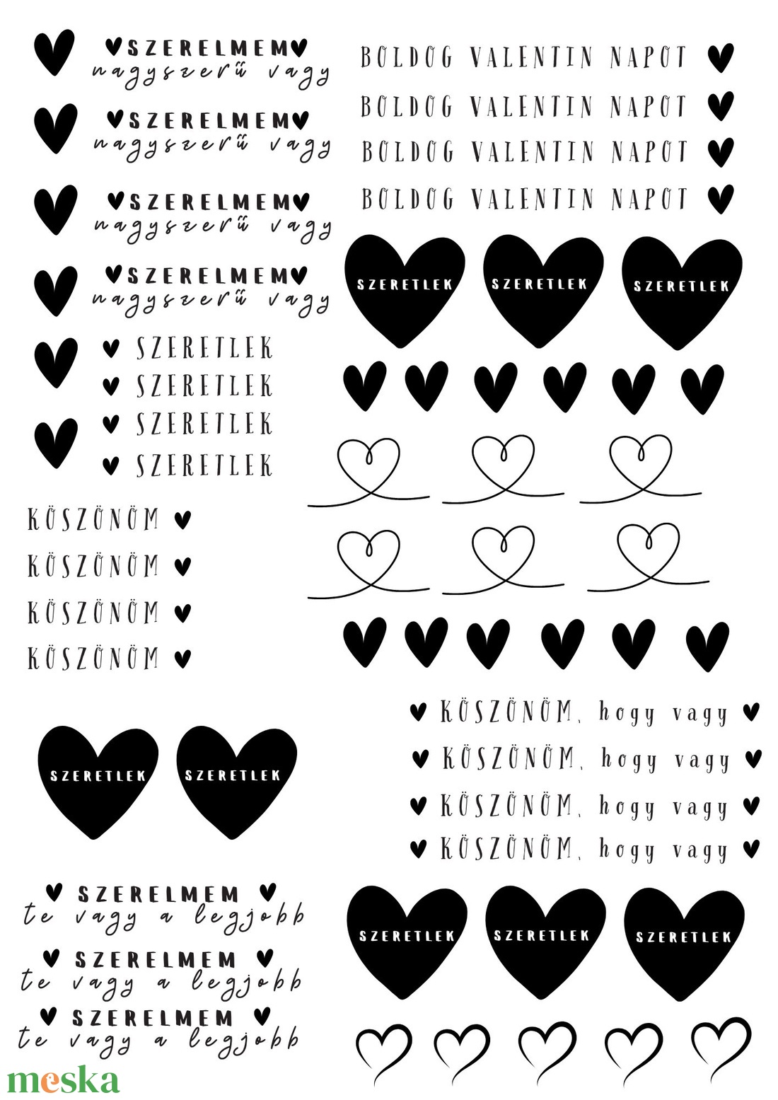 Valentin napi feliratgyűjtemény fekete-fehér� nyomtatható PDF  A4 (matrica, waterslide, dekor) - művészet - grafika & illusztráció - digitális - Meska.hu