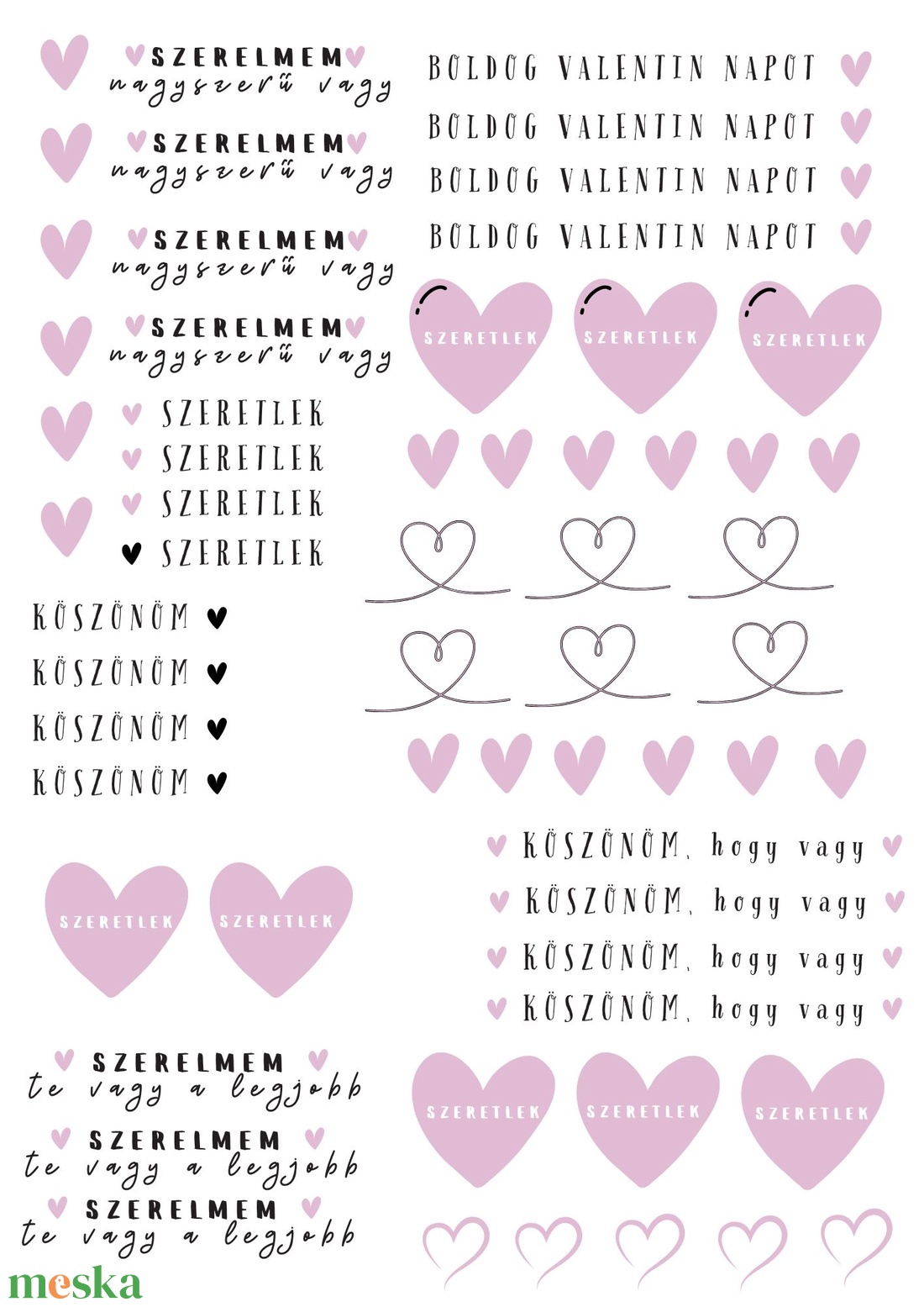 Valentin napi feliratgyűjtemény rózsaszín -fekete� nyomtatható PDF A4 (matrica, waterslide, dekor) - művészet - grafika & illusztráció - digitális - Meska.hu