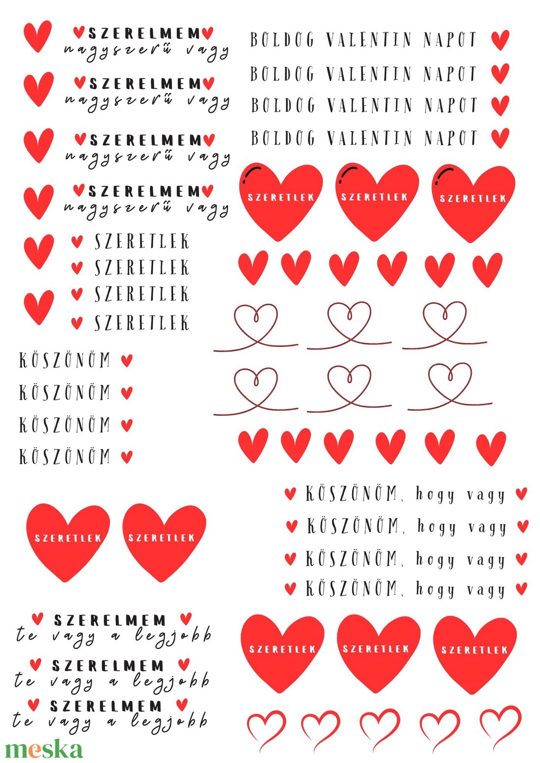 Valentin napi feliratgyűjtemény piros -fekete� nyomtatható PDF A4 méretben (matrica, waterslide, dekor) - művészet - grafika & illusztráció - digitális - Meska.hu