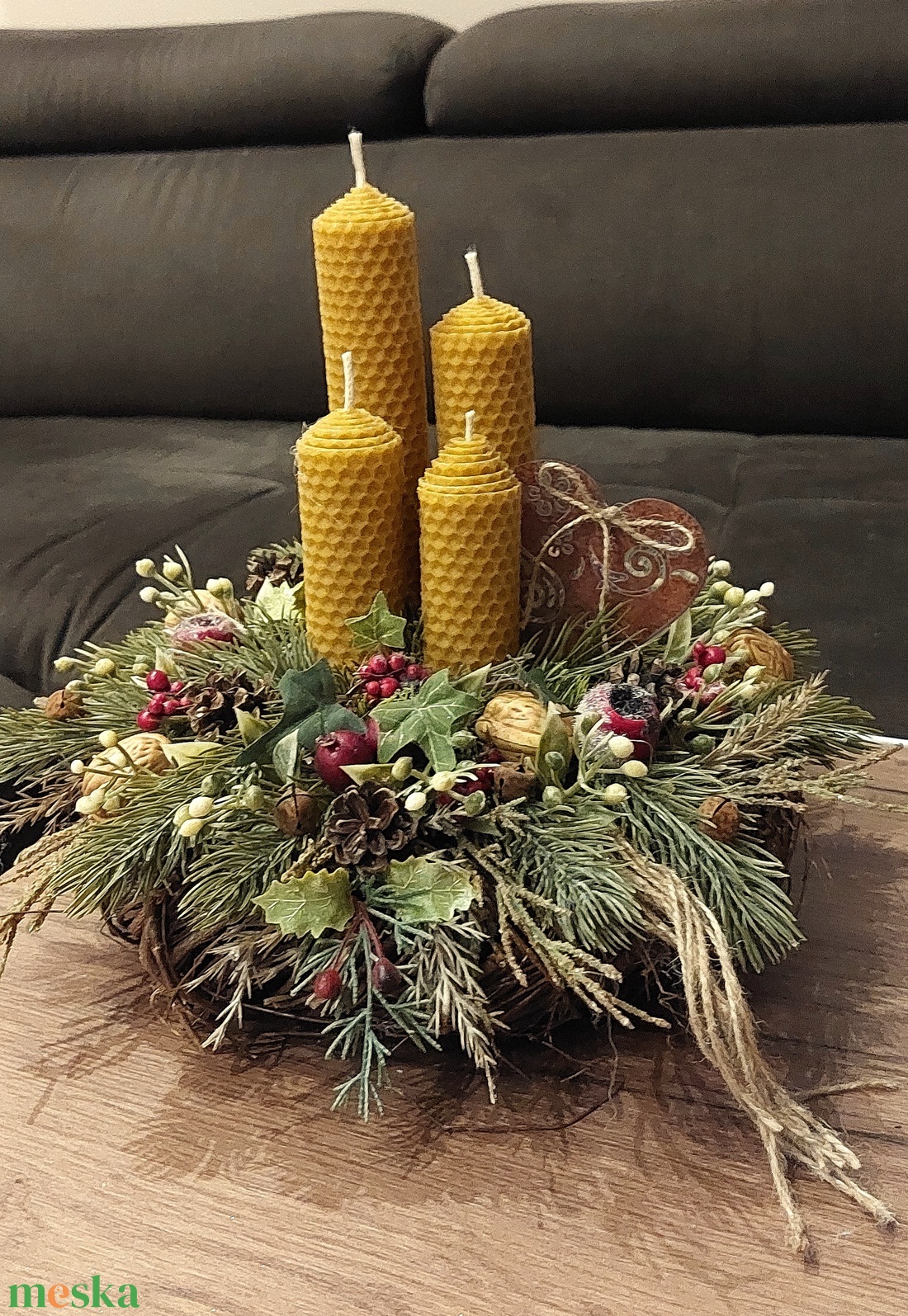Adventi koszorú méhviaszgyertyákkal - karácsony - adventi díszek - adventi koszorú - Meska.hu