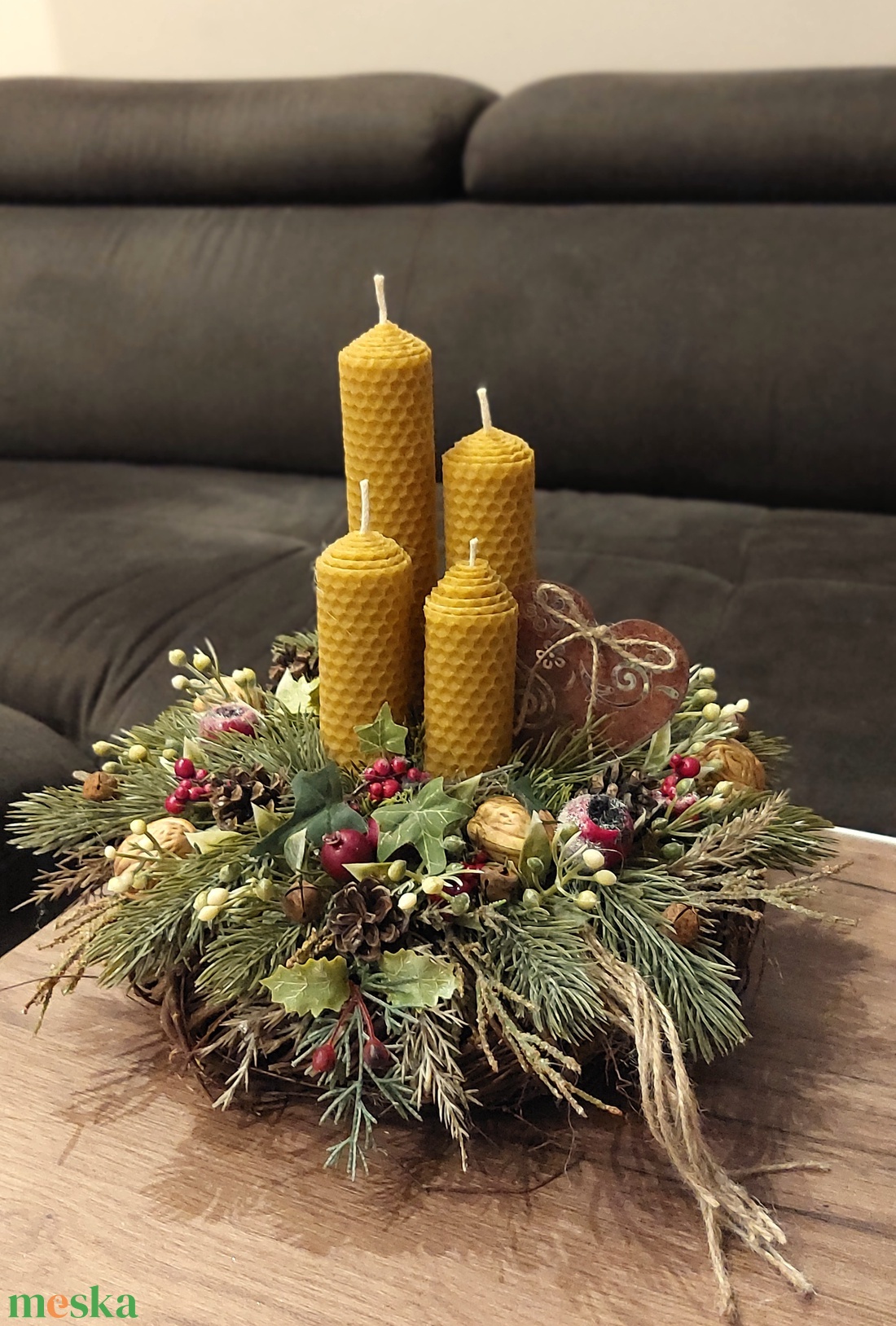 Adventi koszorú méhviaszgyertyákkal - karácsony - adventi díszek - adventi koszorú - Meska.hu