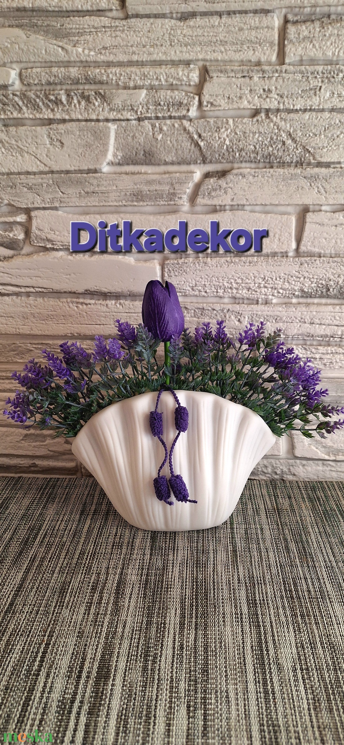 Provence-i Hangulat � Levendulás és Tulipános Asztaldísz Kagyló Vázában (25 cm) - ünnepi díszek, dekorációk - húsvéti díszek és dekorációk - húsvéti asztaldíszek - Meska.hu