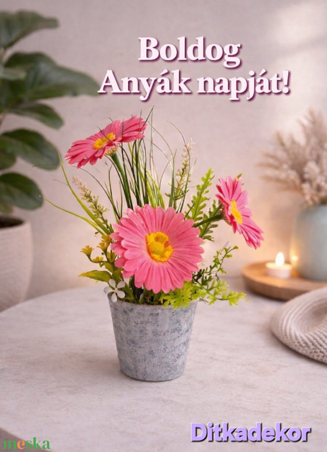  Sugárzó szeretet � Élénk pink gerberás asztaldísz Anyák napjára(25cm magas) - otthon & életmód - dekoráció - asztal és polc dekoráció - asztaldísz - Meska.hu