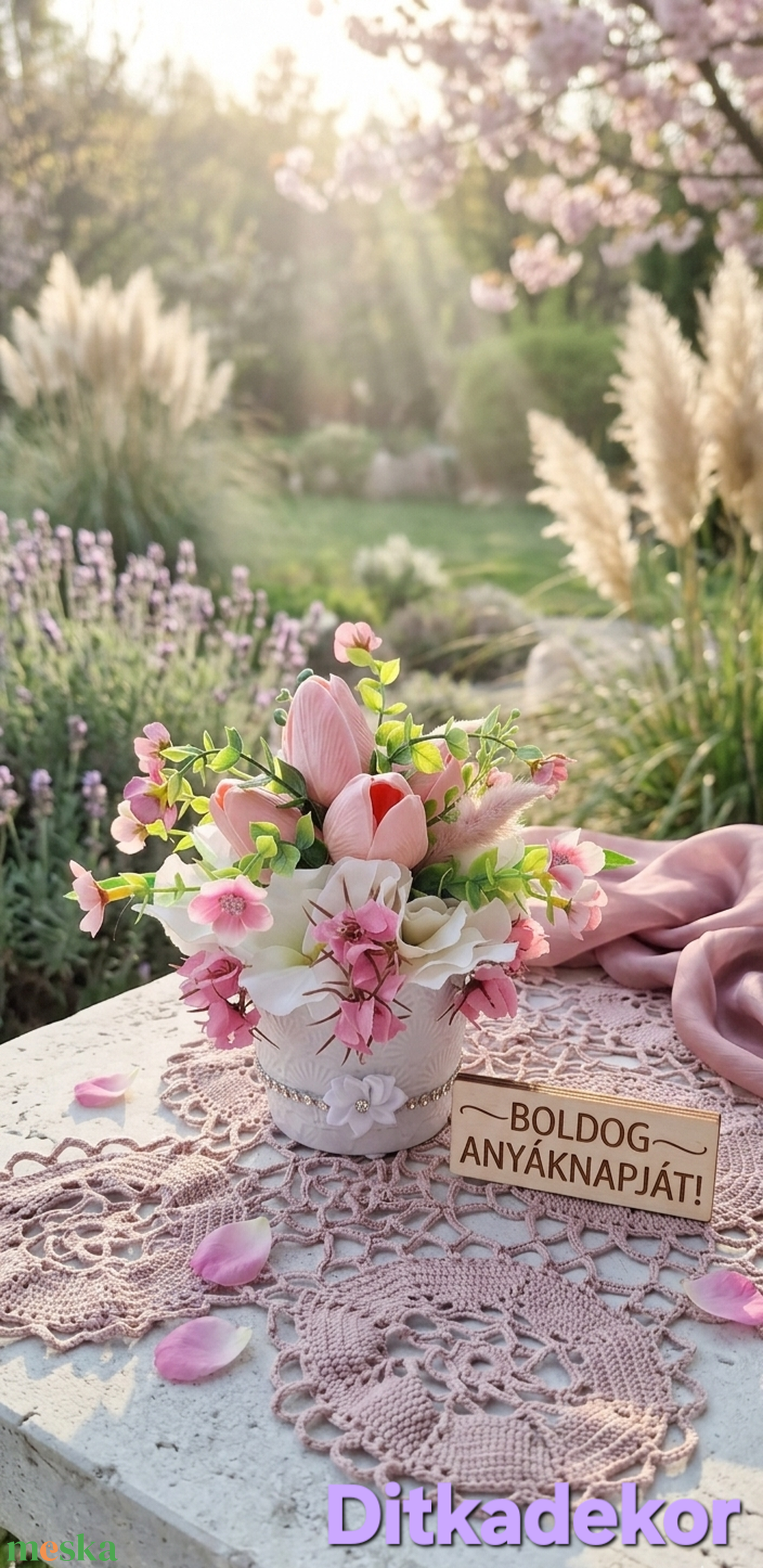 Romantikus tulipános virágdísz � Egyedi anyáknapi meglepetés(20cm magas) - otthon & életmód - dekoráció - asztal és polc dekoráció - asztaldísz - Meska.hu