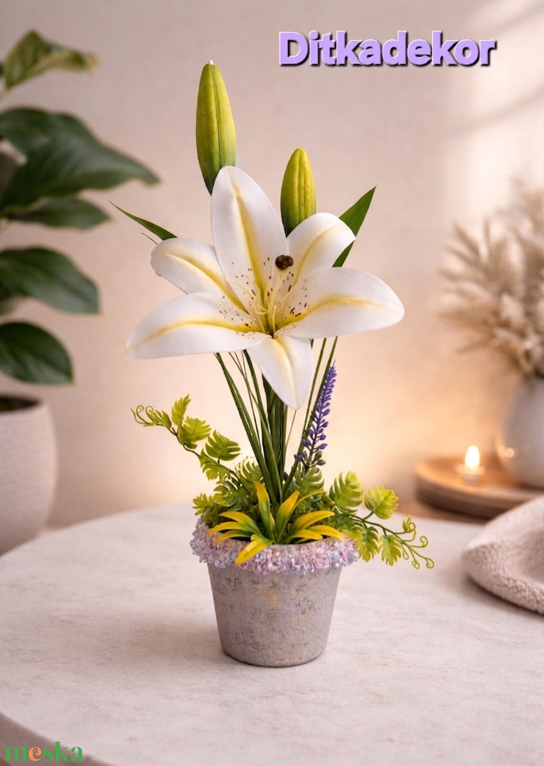 Anyák napi Tiszta szeretet � Elegáns fehér liliom asztaldísz Anyák napjára(25cm magas) - otthon & életmód - virágdekoráció - virágdíszek - virágdísz kaspóban - Meska.hu
