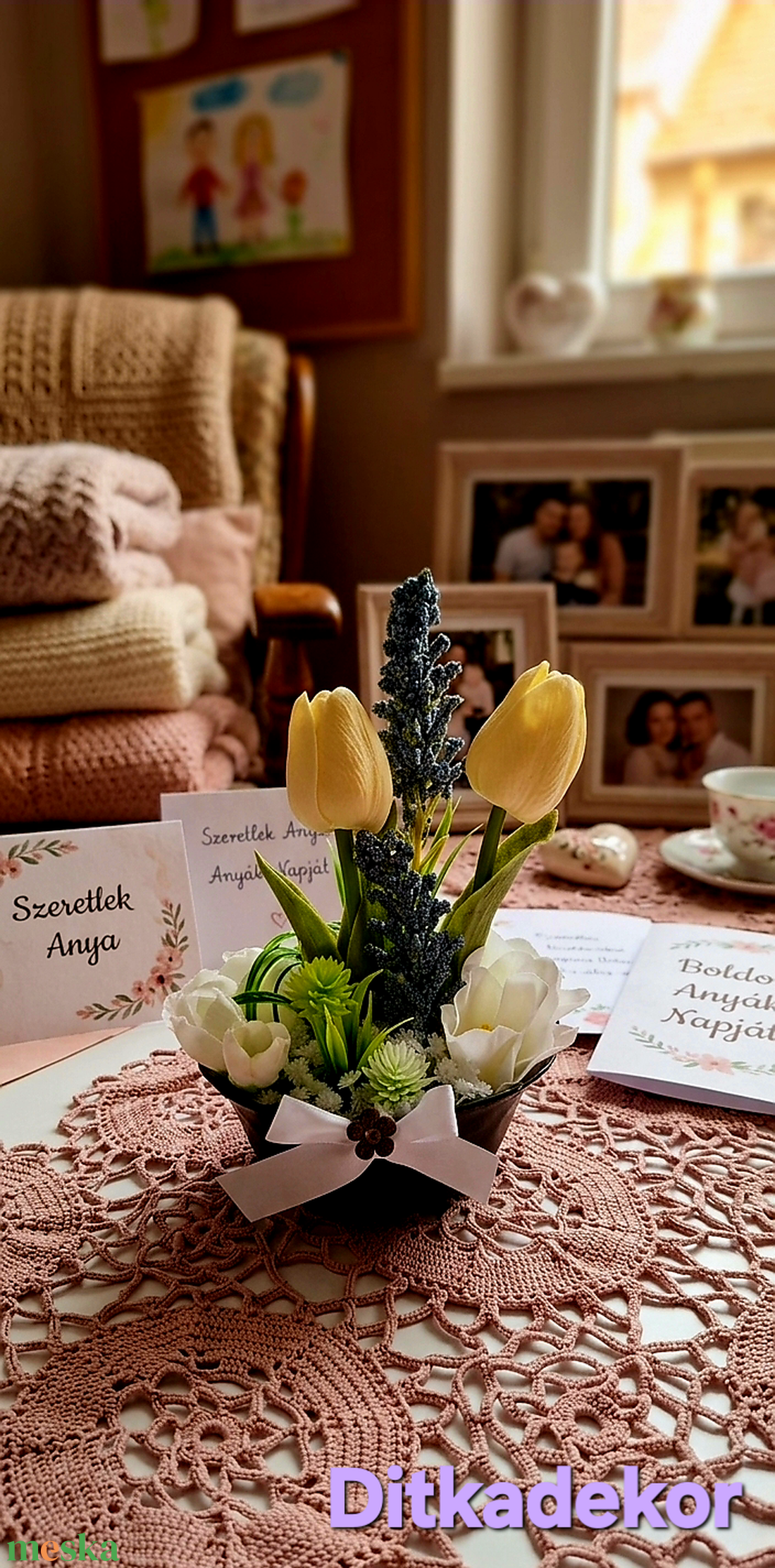 Anyák napi Tulipános dekoráció (15cm magas) - otthon & életmód - virágdekoráció - virágdíszek - virágdísz kaspóban - Meska.hu