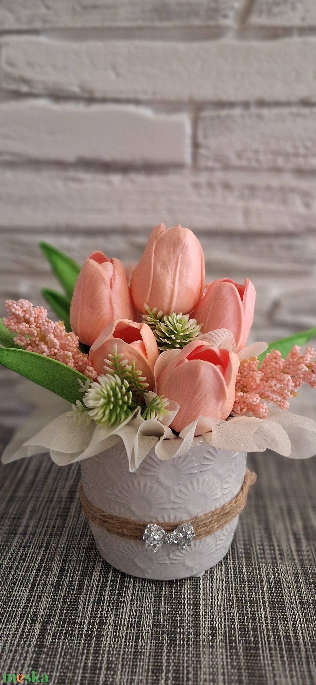 Romantikus rózsaszín tulipános asztaldísz � Üde tavaszi virágkompozíció(15cm magas) - otthon & életmód - virágdekoráció - virágdíszek - virágdísz kaspóban - Meska.hu
