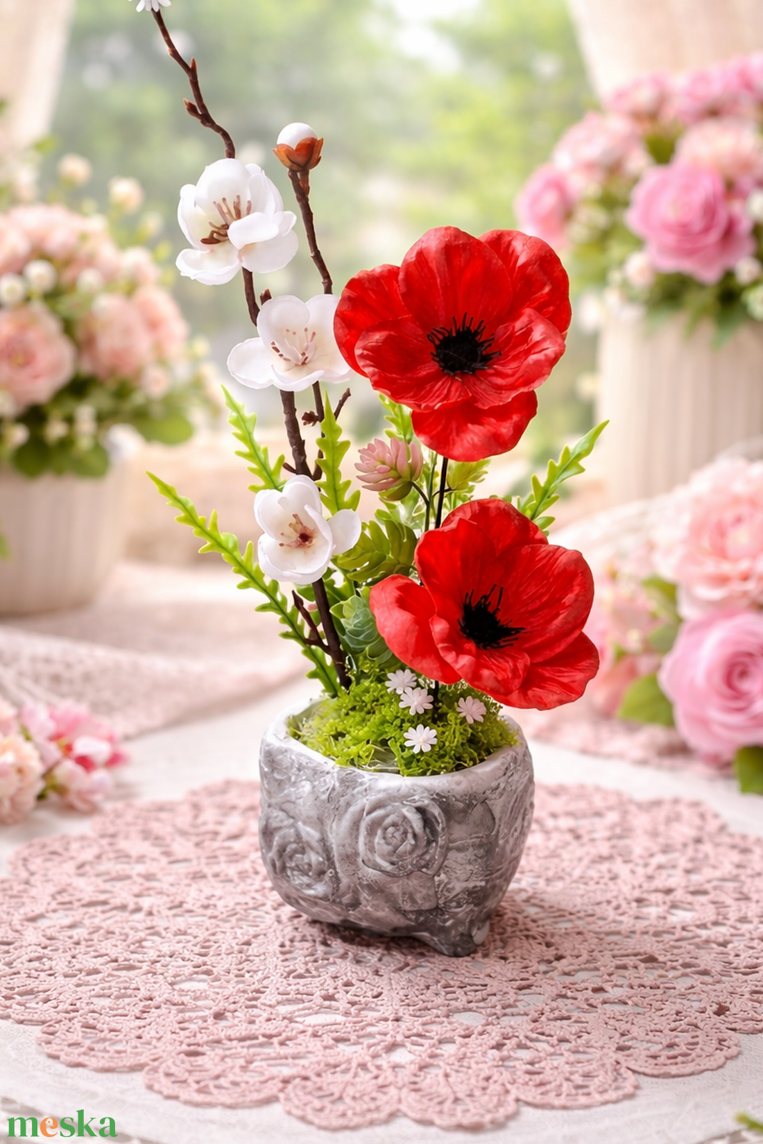 Pipacsos asztaldísz � Egyedi tavaszi-nyári otthondekoráció(25cm magas) - otthon & életmód - virágdekoráció - virágdíszek - virágdísz kaspóban - Meska.hu