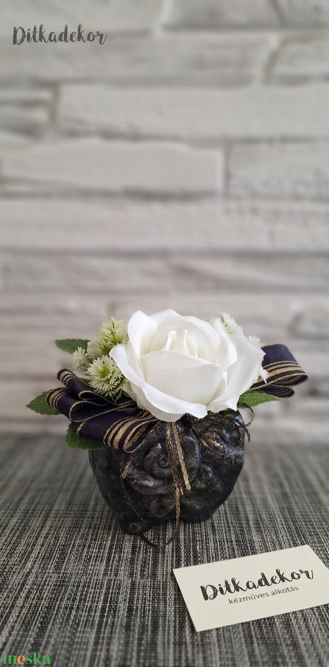 Elegáns fehér rózsa antikolt kaspóban � Prémium kézműves asztaldísz(10cm) - otthon & életmód - dekoráció - asztal és polc dekoráció - asztaldísz - Meska.hu