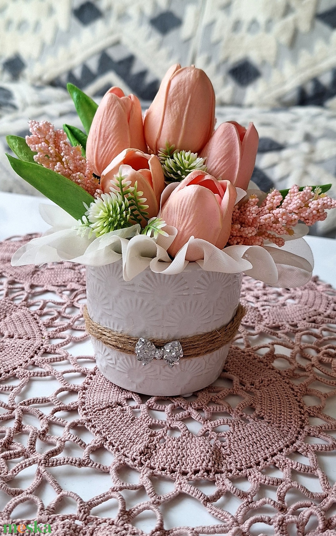 Romantikus rózsaszín tulipános asztaldísz � Üde tavaszi virágkompozíció(15cm magas) - otthon & életmód - virágdekoráció - virágdíszek - virágdísz kaspóban - Meska.hu