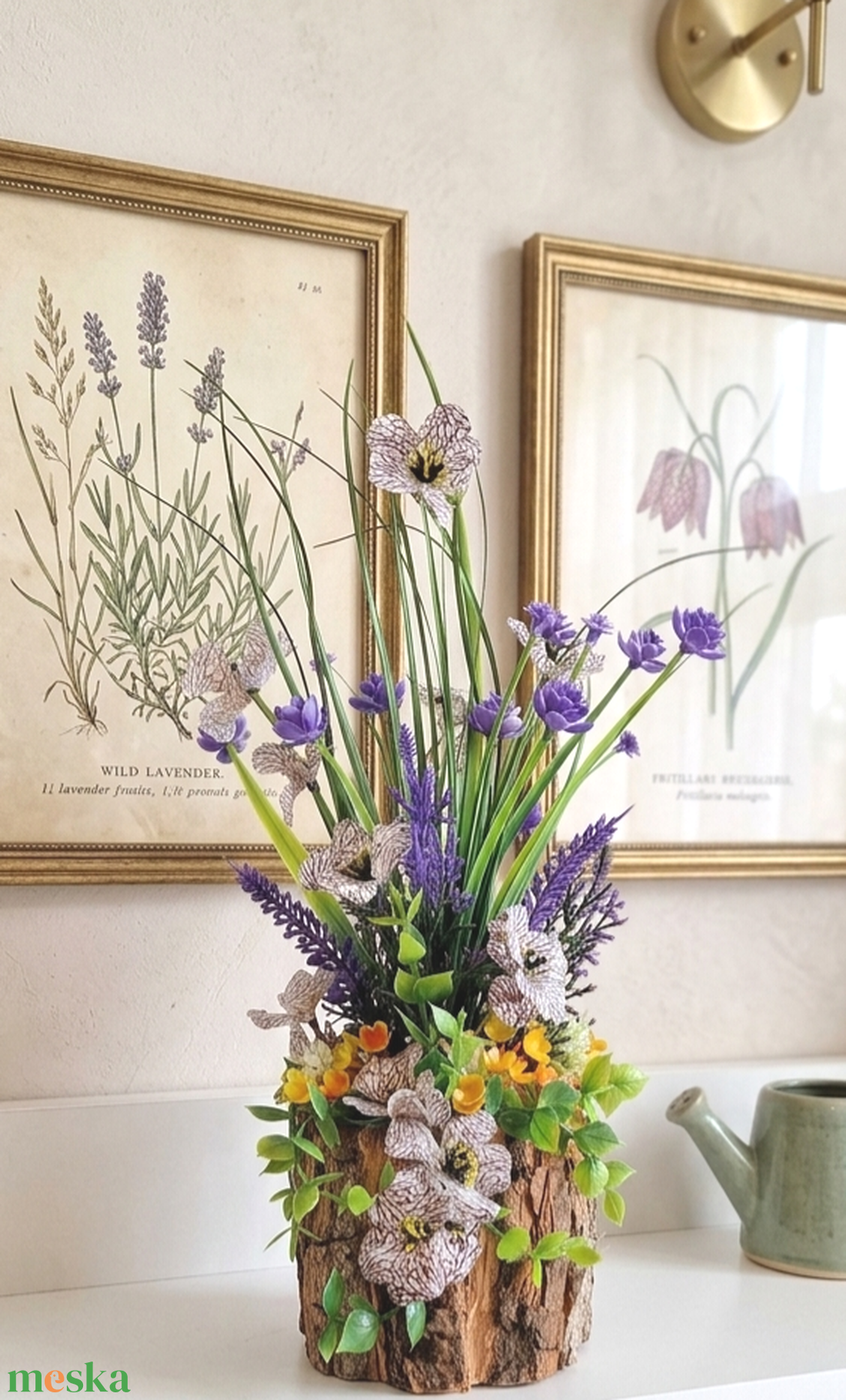 Lila vadvirágos mező kéreg kaspóban � Rusztikus erdei asztaldísz selyemvirággal(25cm magas) - otthon & életmód - virágdekoráció - virágdíszek - virágdísz kaspóban - Meska.hu
