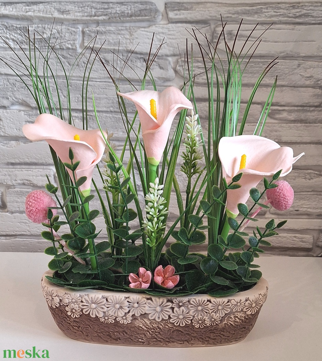Vintage stílusú rózsaszín kála kompozíció kézműves kaspóban � Kedves egyedi ajándék nőknek(20cm magas,25cm széles) - otthon & életmód - dekoráció - asztal és polc dekoráció - asztaldísz - Meska.hu