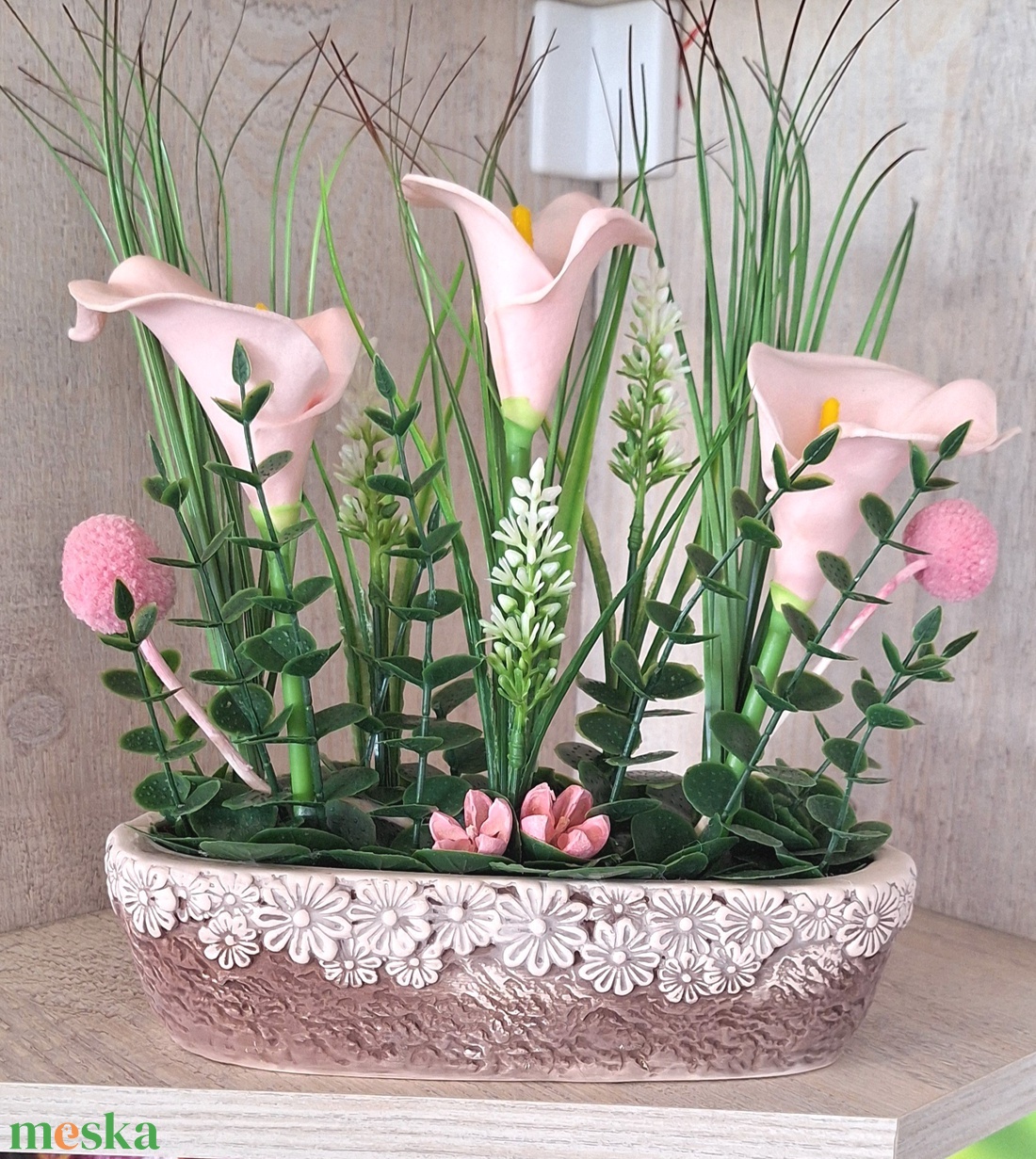 Vintage stílusú rózsaszín kála kompozíció kézműves kaspóban � Kedves egyedi ajándék nőknek(20cm magas,25cm széles) - otthon & életmód - dekoráció - asztal és polc dekoráció - asztaldísz - Meska.hu