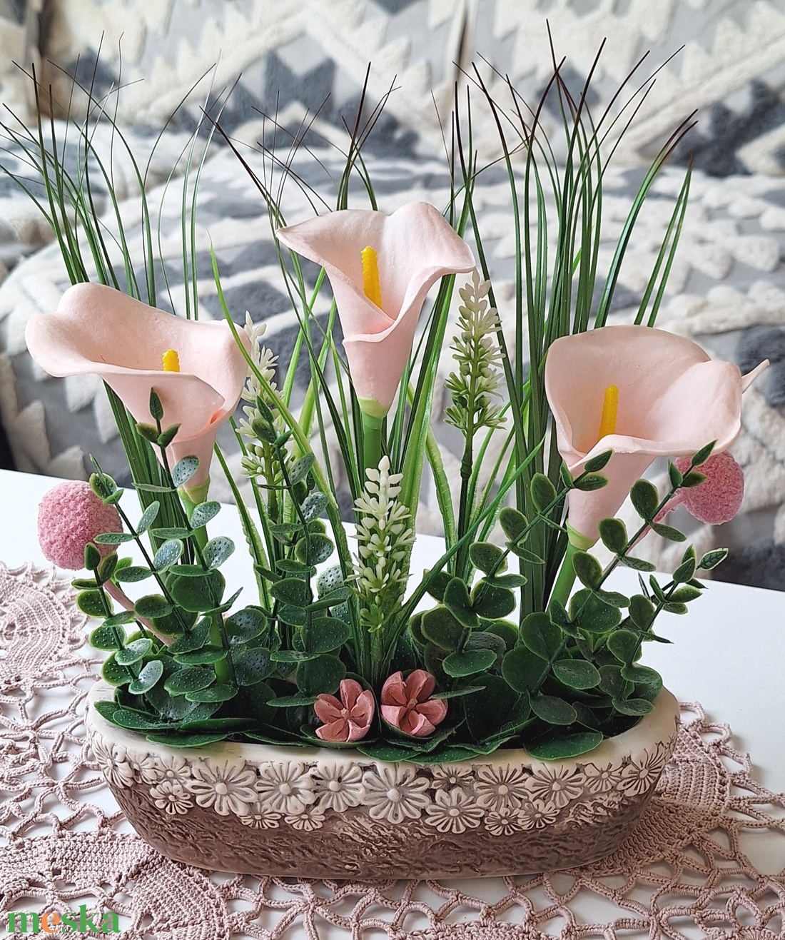 Vintage stílusú rózsaszín kála kompozíció kézműves kaspóban � Kedves egyedi ajándék nőknek(20cm magas,25cm széles) - otthon & életmód - dekoráció - asztal és polc dekoráció - asztaldísz - Meska.hu