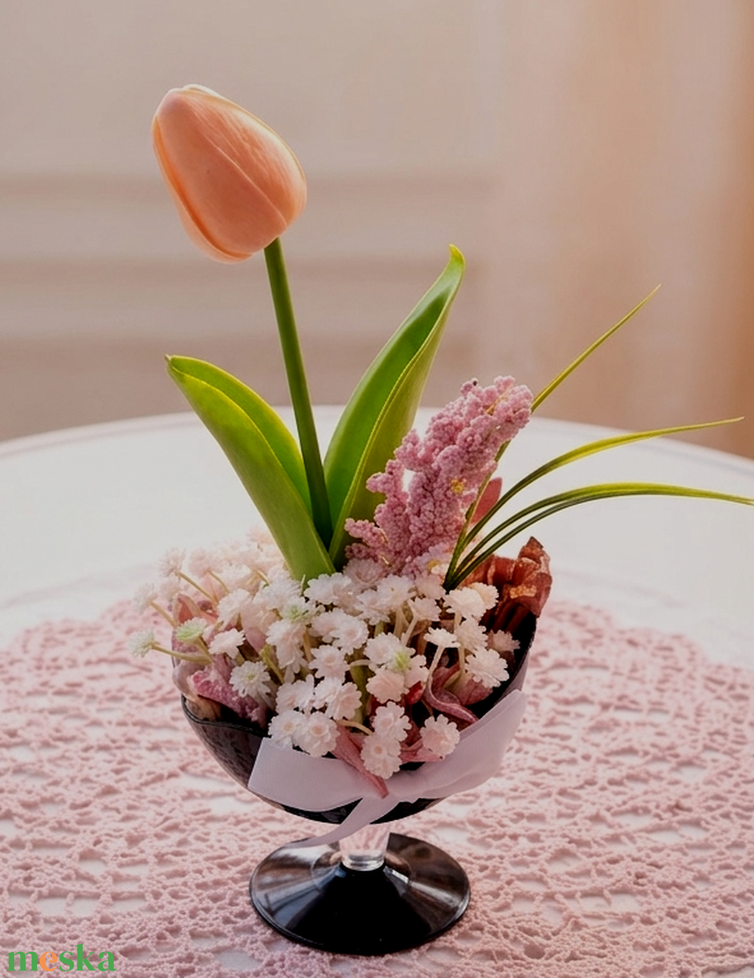Kelyhes tavaszi asztaldísz � Romantikus barack tulipánnal(15cm magas) - otthon & életmód - dekoráció - asztal és polc dekoráció - asztaldísz - Meska.hu