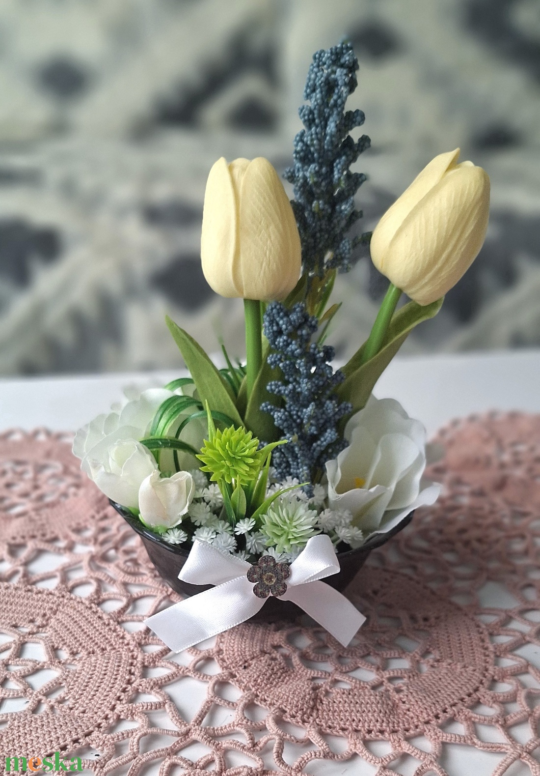 Tulipános asztaldís (15cm magas) - otthon & életmód - virágdekoráció - virágdíszek - virágdísz kaspóban - Meska.hu