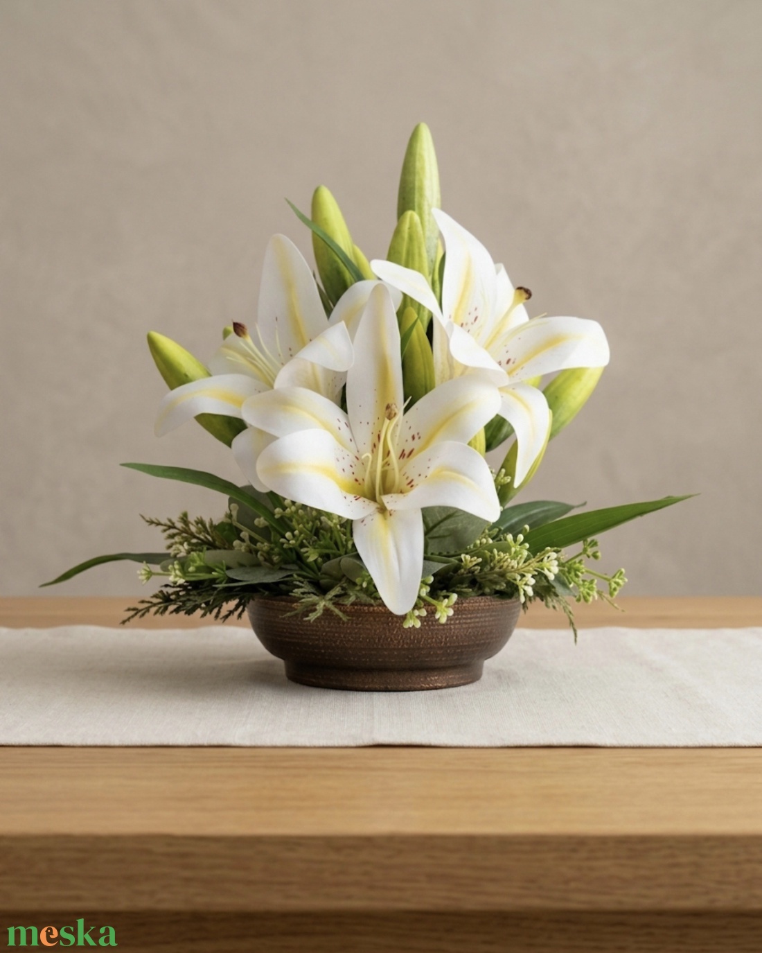 Elegáns liliom asztali dísz, antikolt kaspóban � Egyedi kézműves dekoráció(28cm magas 25cm széles) - otthon & életmód - dekoráció - asztal és polc dekoráció - asztaldísz - Meska.hu