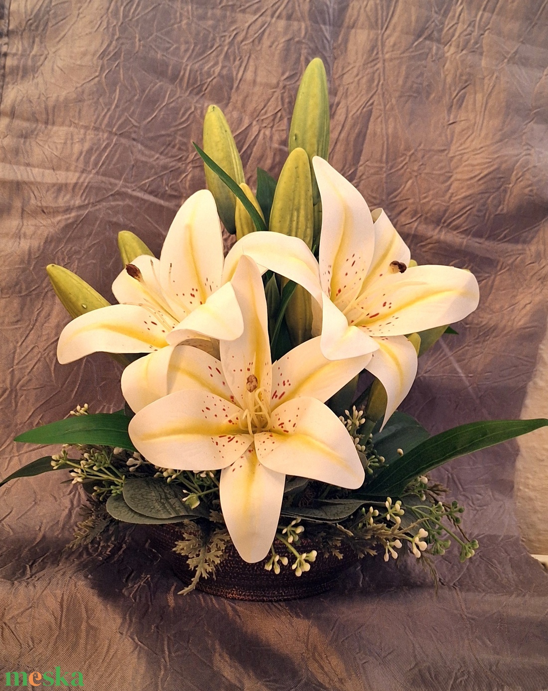 Liliomos sírdísz- antikolt kaspóban (28cm magas 25cm széles) - otthon & életmód - vallás - temetkezési tárgy - sírtálak - Meska.hu