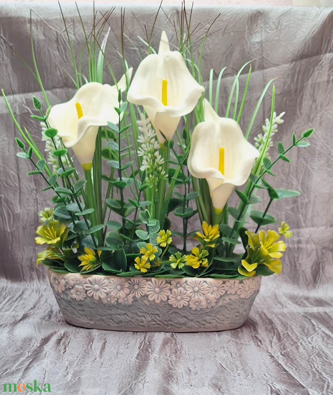 Fehér kála-őszi virágdísz kézműves kaspóban(20cm magas, 25cm széles)  - otthon & életmód - virágdekoráció - virágdíszek - virágdísz kaspóban - Meska.hu