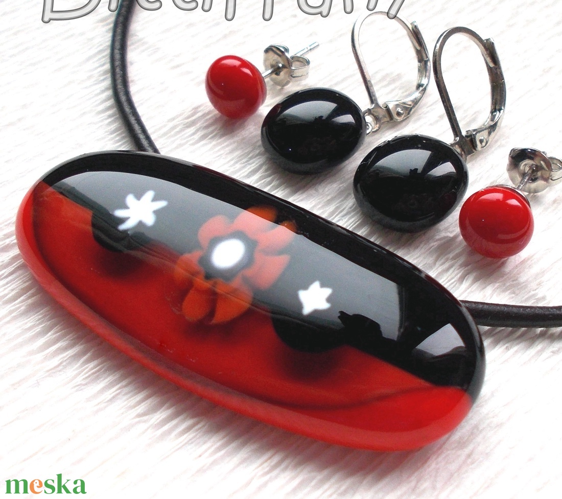 Piros - fekete  virágos ékszer, ajándék nőnek, lányoknyak, névnapra, születésnapra. - ékszer - ékszerszett - Meska.hu