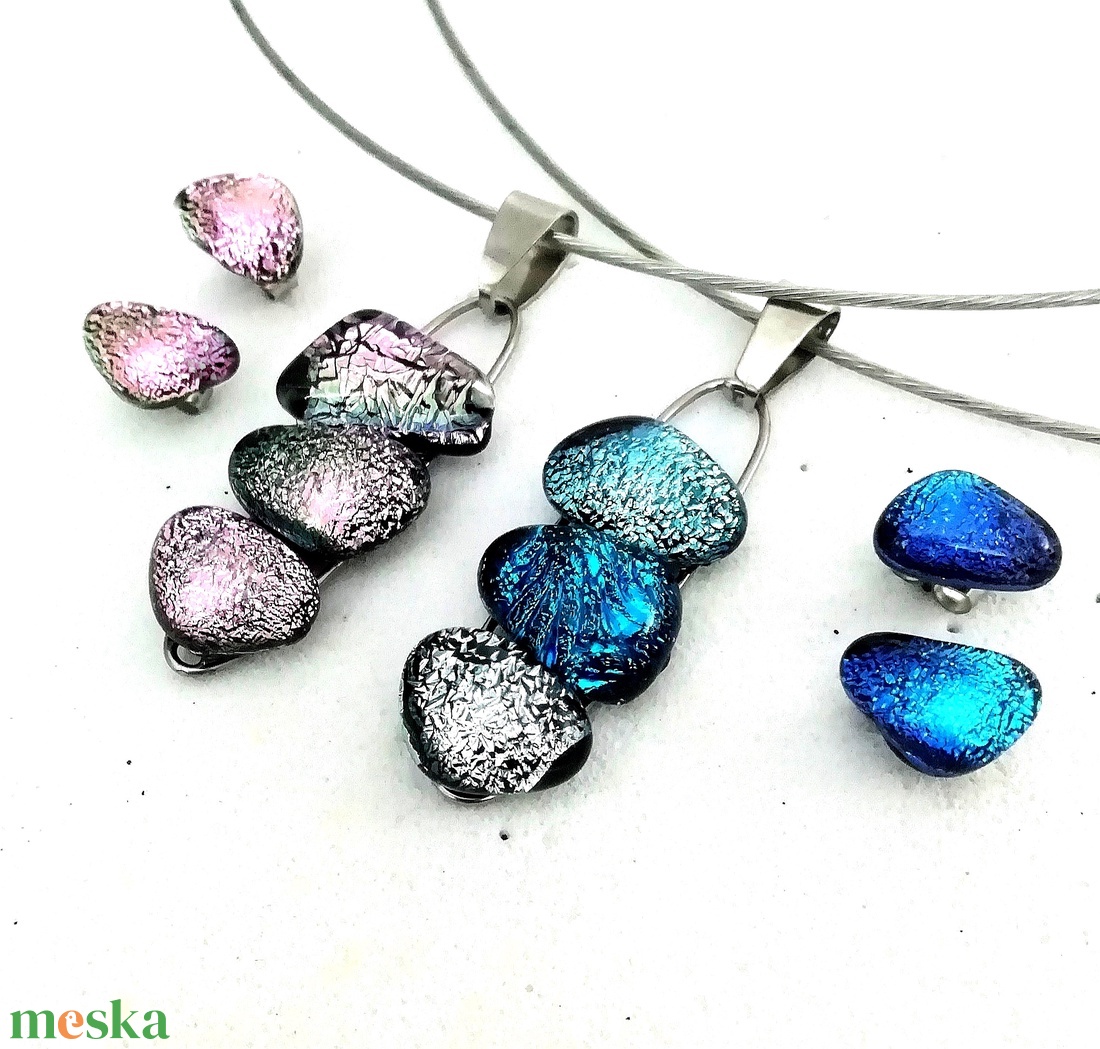  NEMESACÉL!  Színes dichroic kavicsok, páros ékszerszett. - ékszer - ékszerszett - Meska.hu
