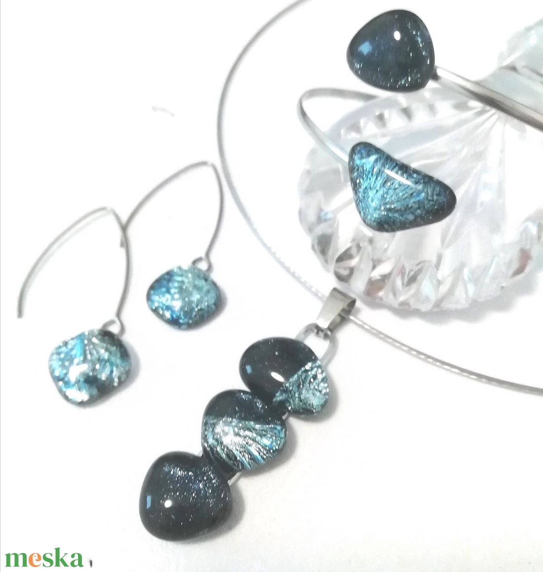 AKCIÓ! NEMESACÉL!  Kék-ezüst kavicsok dichroic ékszerszett. - ékszer - ékszerszett - Meska.hu