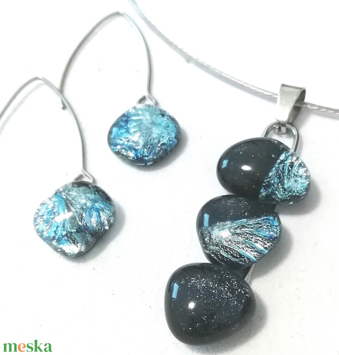 AKCIÓ! NEMESACÉL!  Kék-ezüst kavicsok dichroic ékszerszett. - ékszer - ékszerszett - Meska.hu