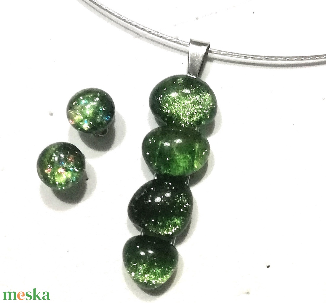 AKCIÓ! NEMESACÉL!  Zöld fények, kavicsos üvegékszer szett. - ékszer - ékszerszett - Meska.hu