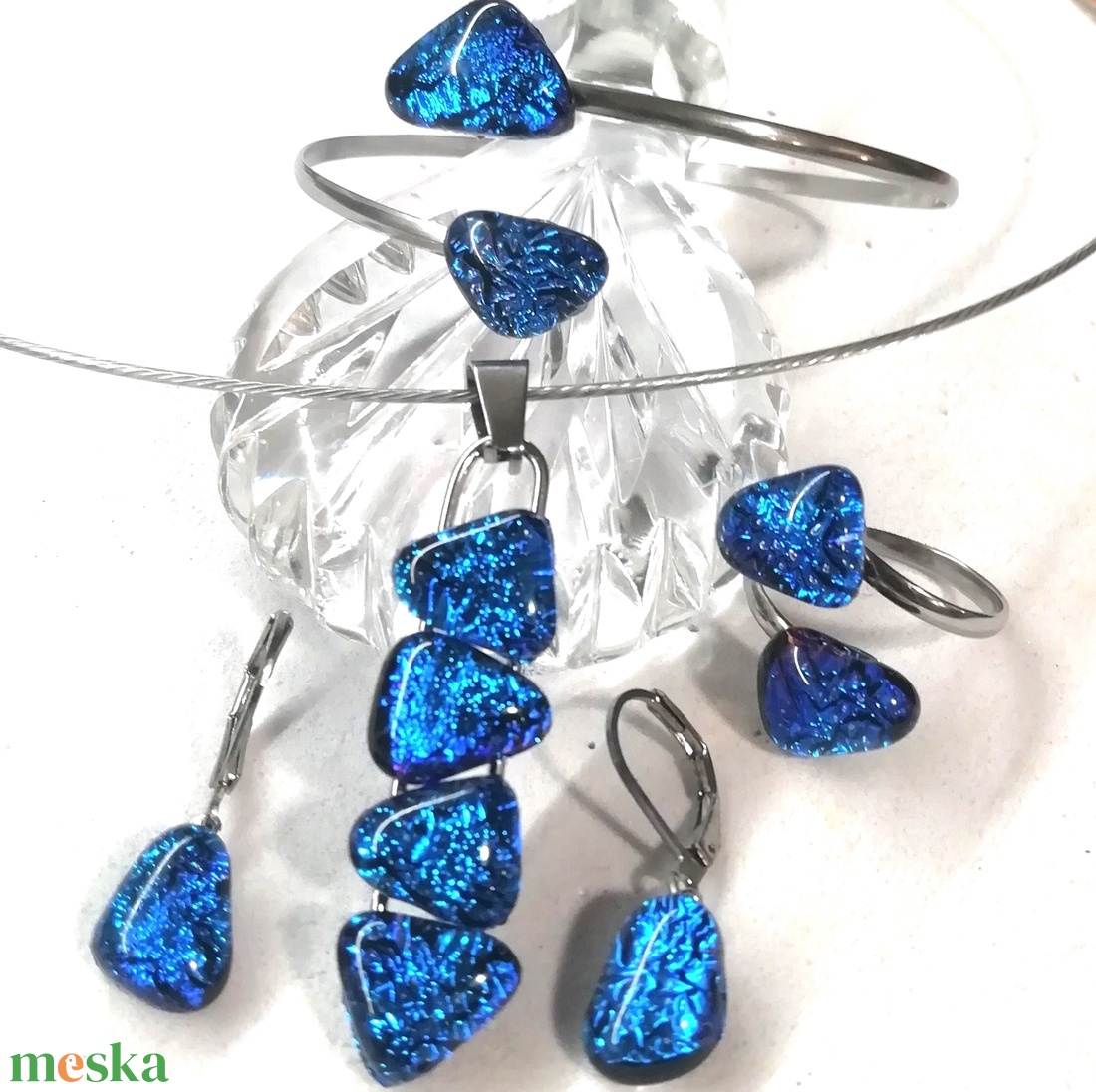 AKCIÓ! NEMESACÉL!  Kék-türkiz kavicsok dichroic ékszerszett. - ékszer - ékszerszett - Meska.hu