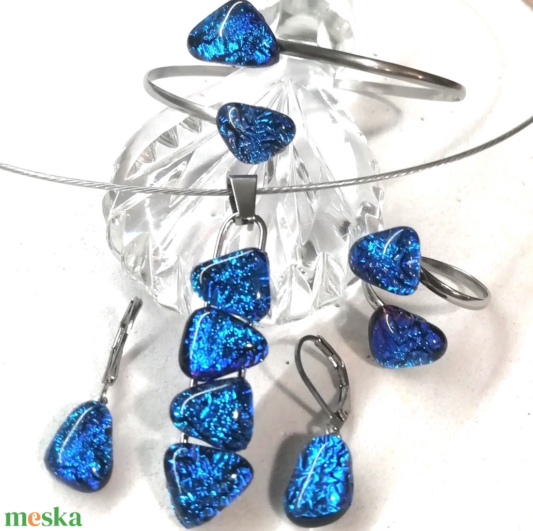 AKCIÓ! NEMESACÉL!  Kék-türkiz kavicsok dichroic ékszerszett. - ékszer - ékszerszett - Meska.hu