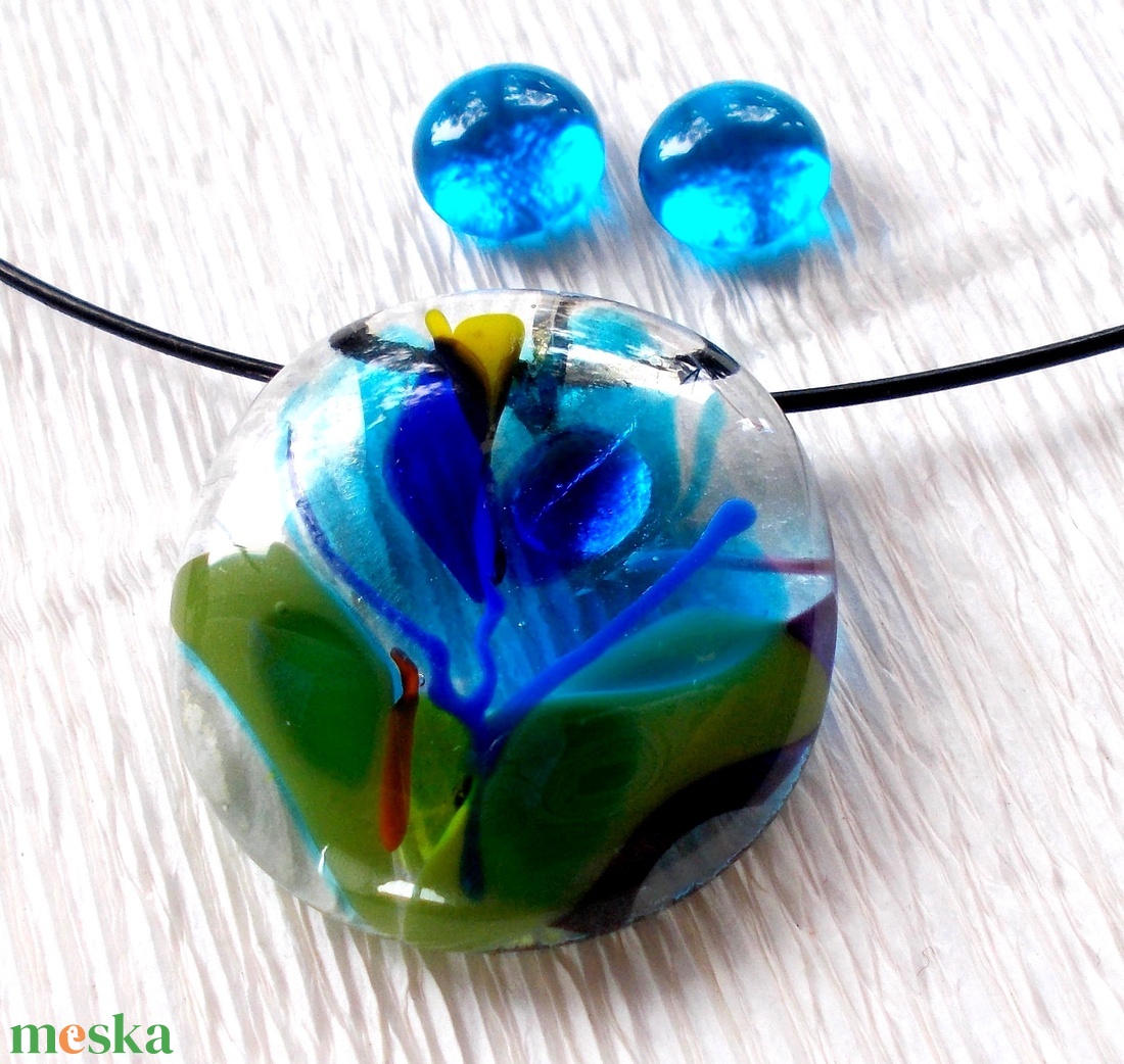 Kék virágos üvegékszer, ajándék nőkneknévnapra, születésnapra. - ékszer - ékszerszett - Meska.hu