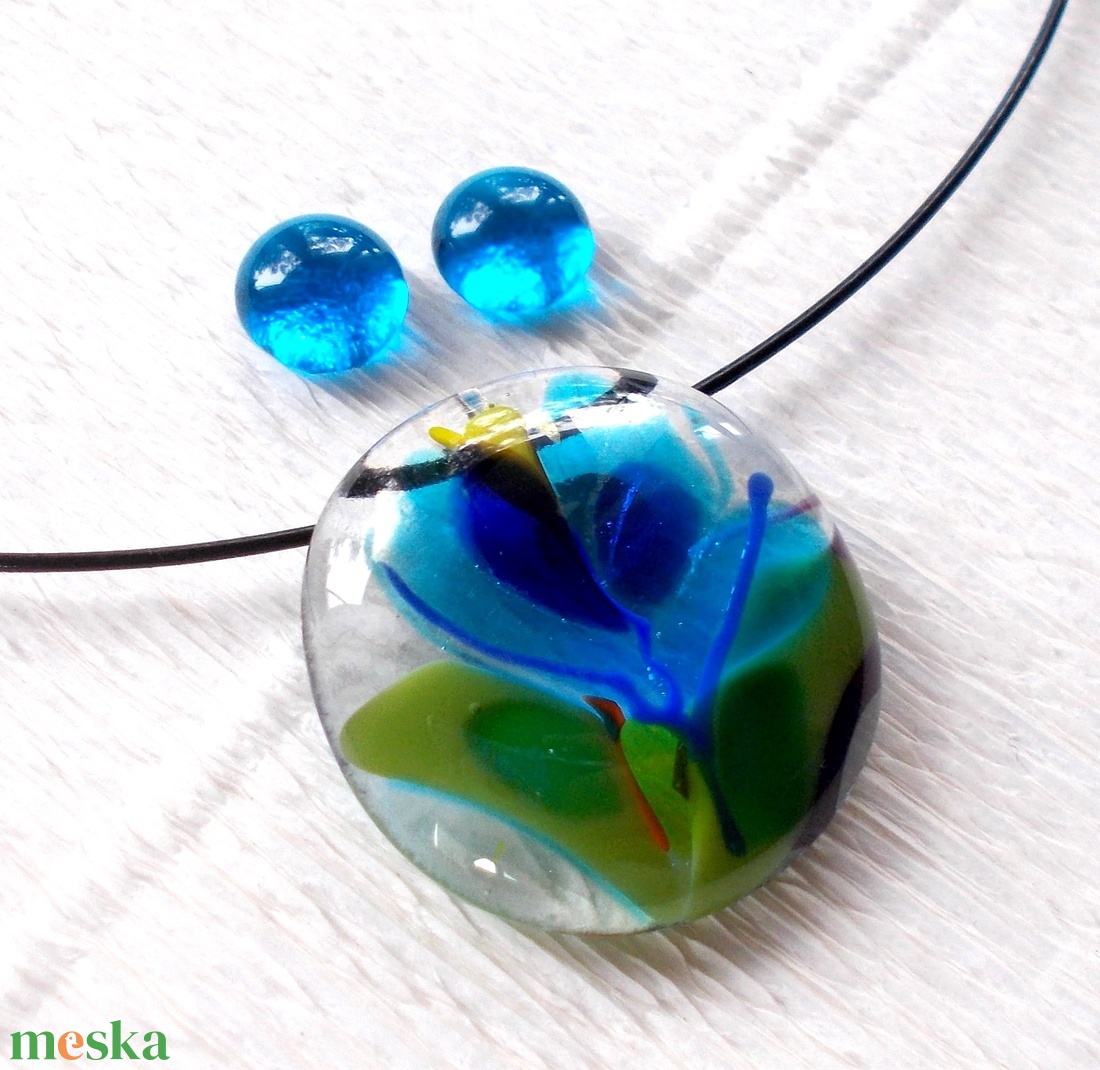 Kék virágos üvegékszer, ajándék nőkneknévnapra, születésnapra. - ékszer - ékszerszett - Meska.hu