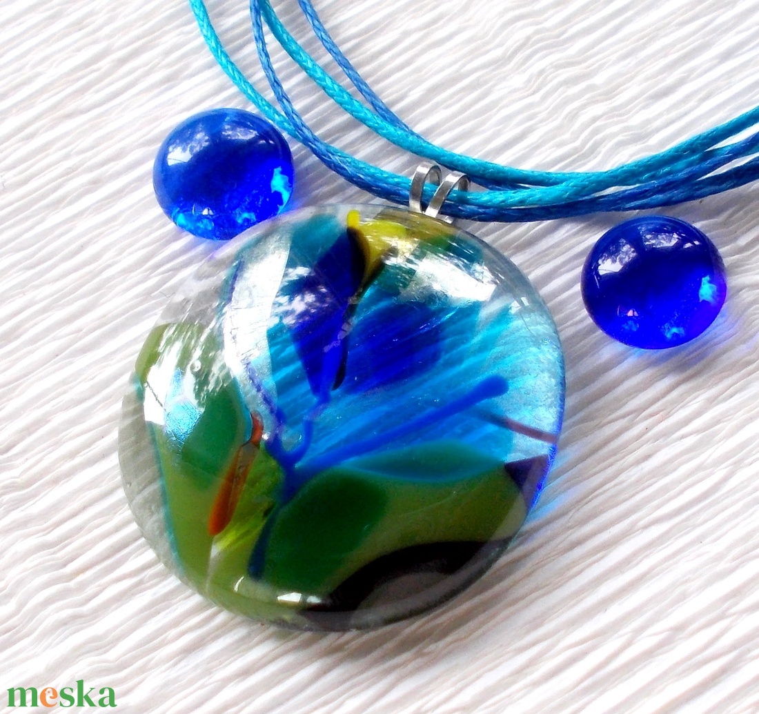 Kék virágos üvegékszer, ajándék nőkneknévnapra, születésnapra. - ékszer - ékszerszett - Meska.hu