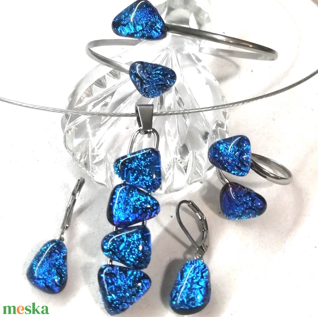 AKCIÓ! NEMESACÉL!  Kék-türkiz kavicsok dichroic ékszerszett. - ékszer - ékszerszett - Meska.hu