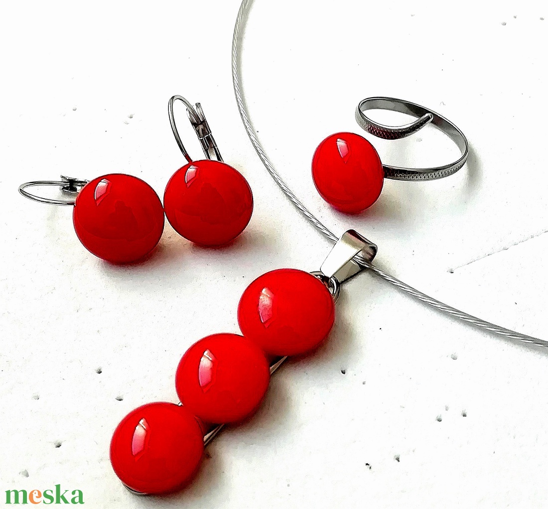 AKCIÓ! NEMESACÉL!  Meggypiros kavicsok üvegékszer szett. - ékszer - ékszerszett - Meska.hu