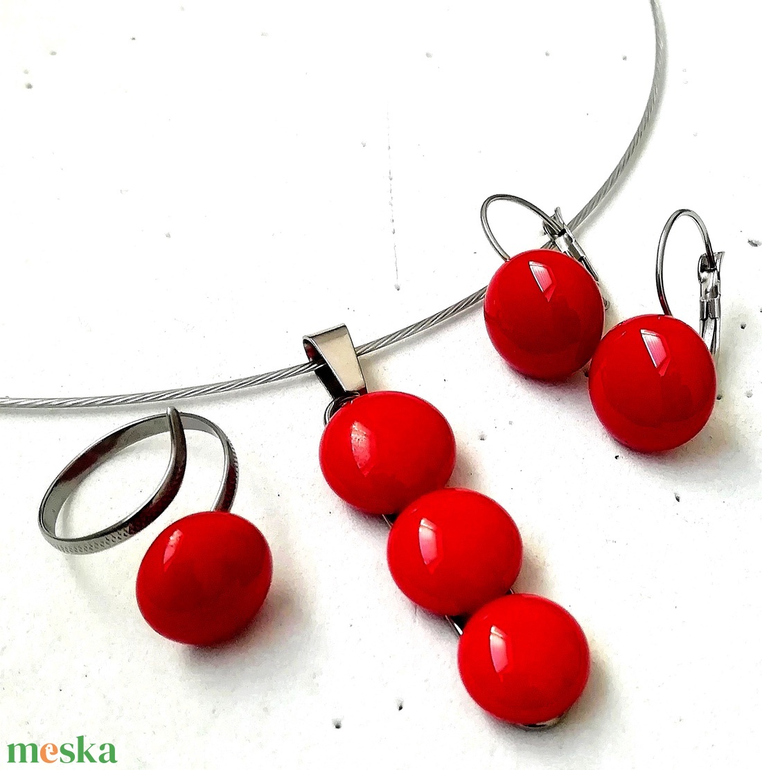 AKCIÓ! NEMESACÉL!  Meggypiros kavicsok üvegékszer szett. - ékszer - ékszerszett - Meska.hu