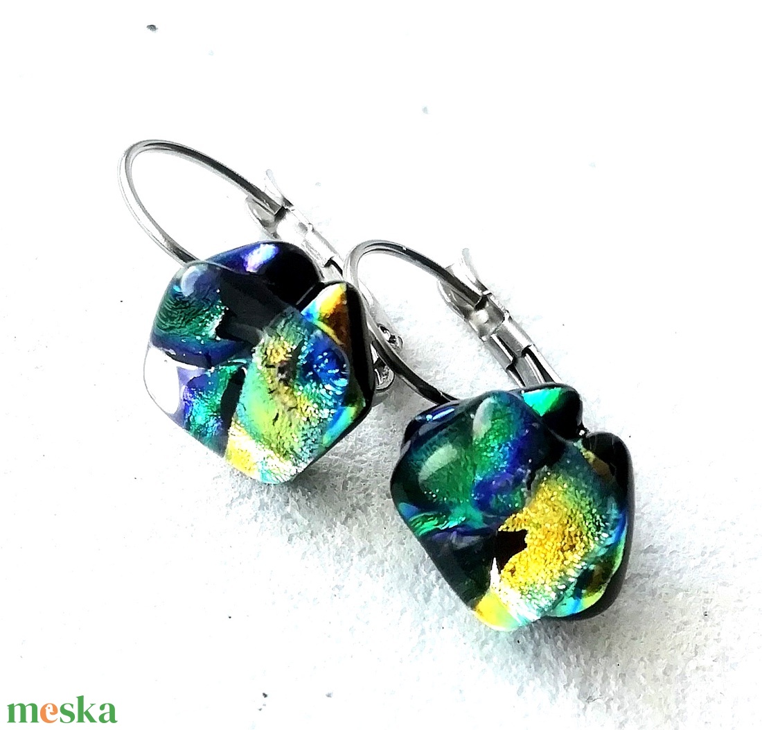 NEMESACÉL!  Kék-zöld - arany dichroic fülbevaló, ajándék névnapra, születésnapra. - ékszer - ékszerszett - Meska.hu