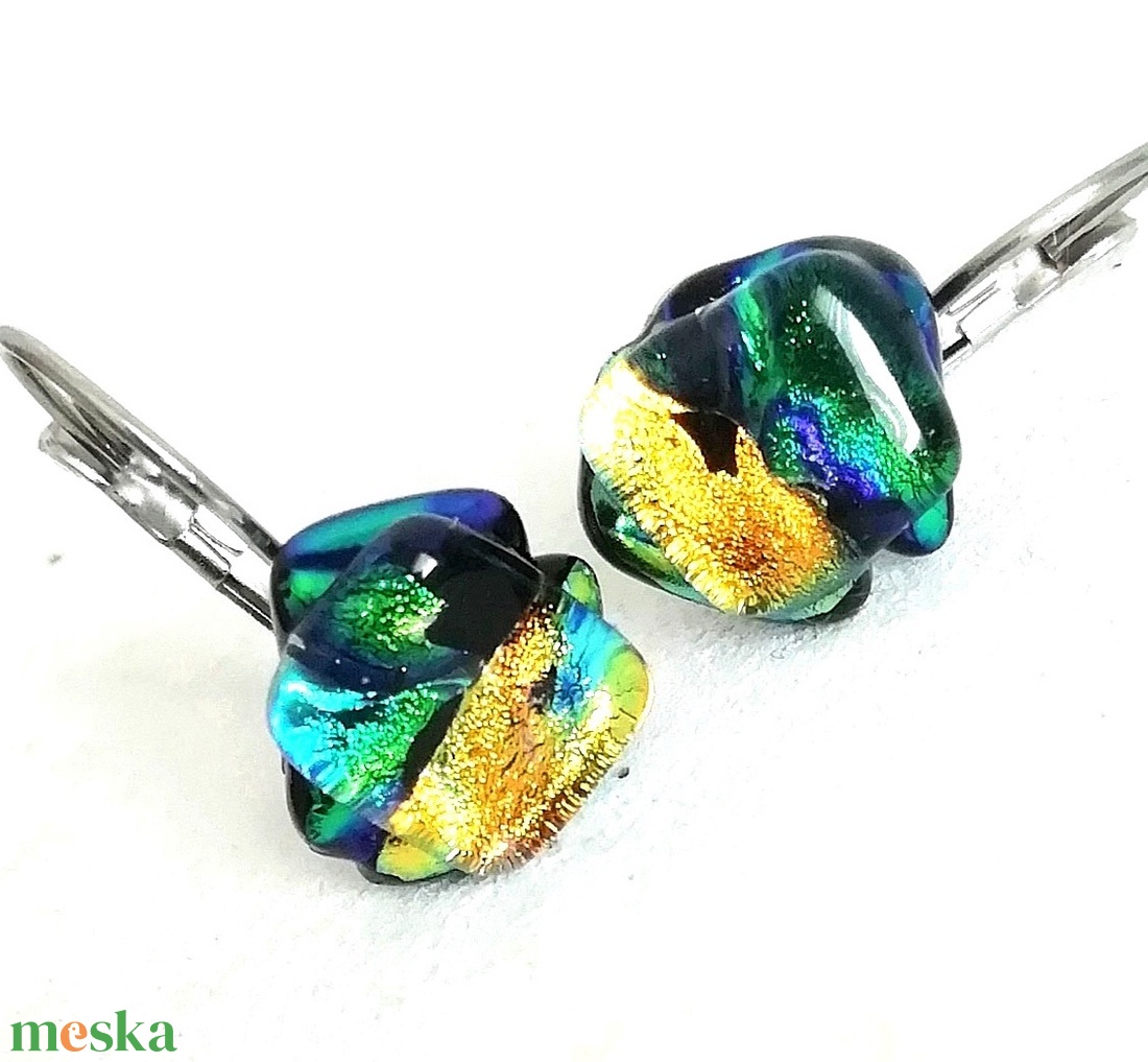 NEMESACÉL!  Kék-zöld - arany dichroic fülbevaló, ajándék névnapra, születésnapra. - ékszer - ékszerszett - Meska.hu