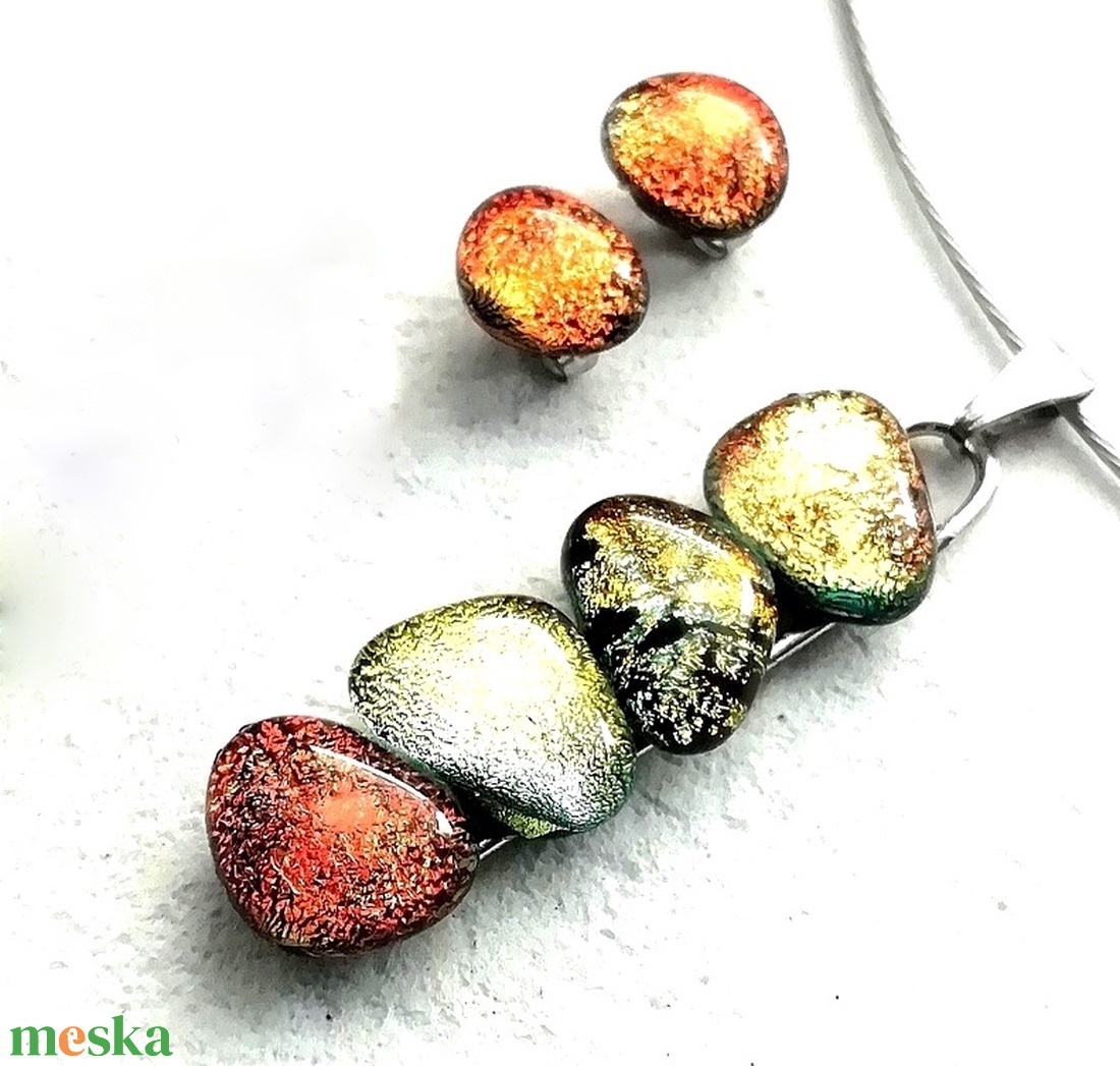 AKCIÓ! NEMESACÉL!  Vörös-arany kavicsok dichroic üvegékszer szett. - ékszer - ékszerszett - Meska.hu