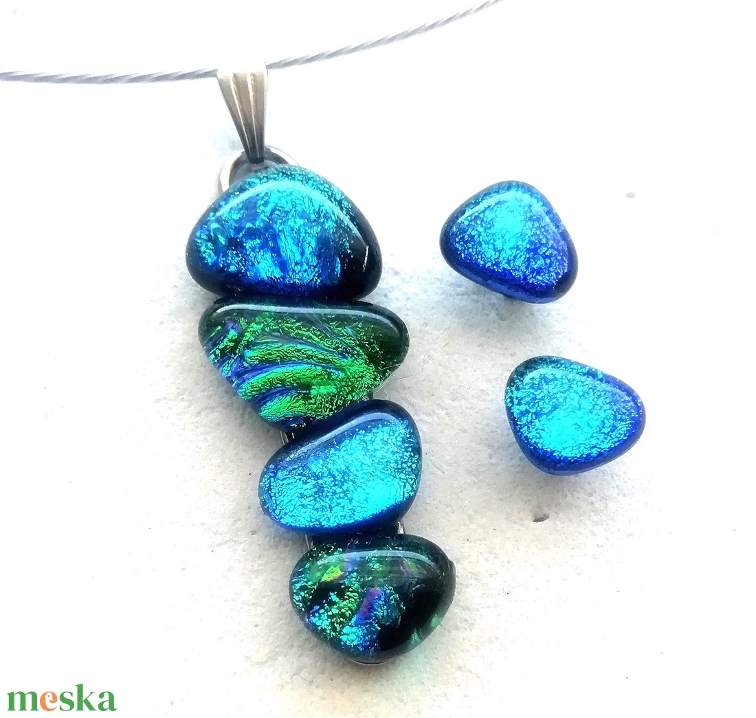 AKCIÓ! NEMESACÉL!  Kék-zöld kavicsok dichroic ékszerszett. - ékszer - ékszerszett - Meska.hu