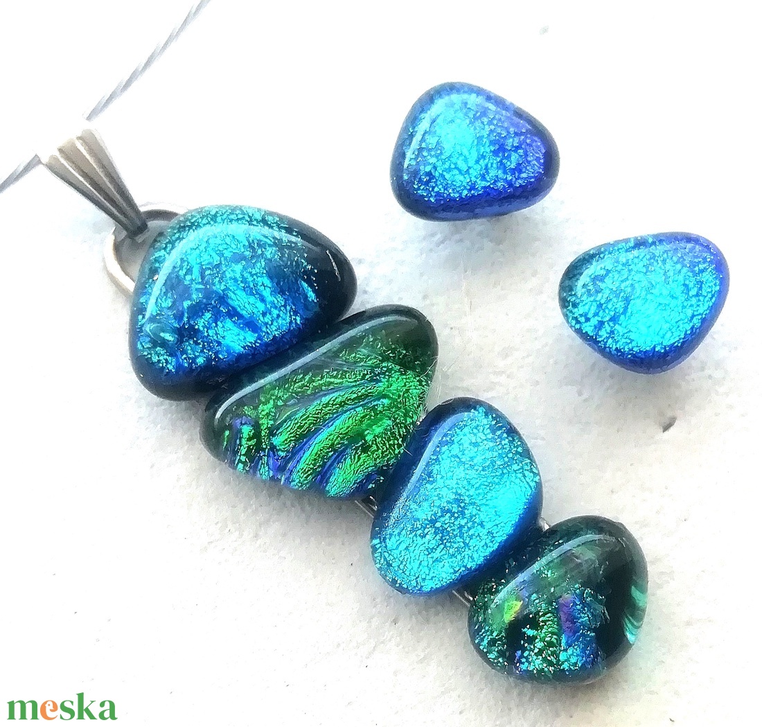 AKCIÓ! NEMESACÉL!  Kék-zöld kavicsok dichroic ékszerszett. - ékszer - ékszerszett - Meska.hu