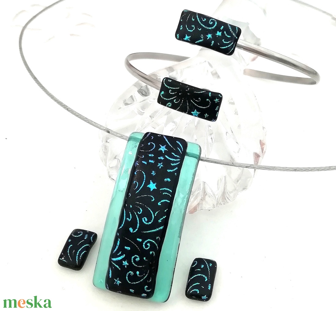 AKCIÓ! Kék-türkiz tűzijáték, dichroic ékszerszett. - ékszer - ékszerszett - Meska.hu