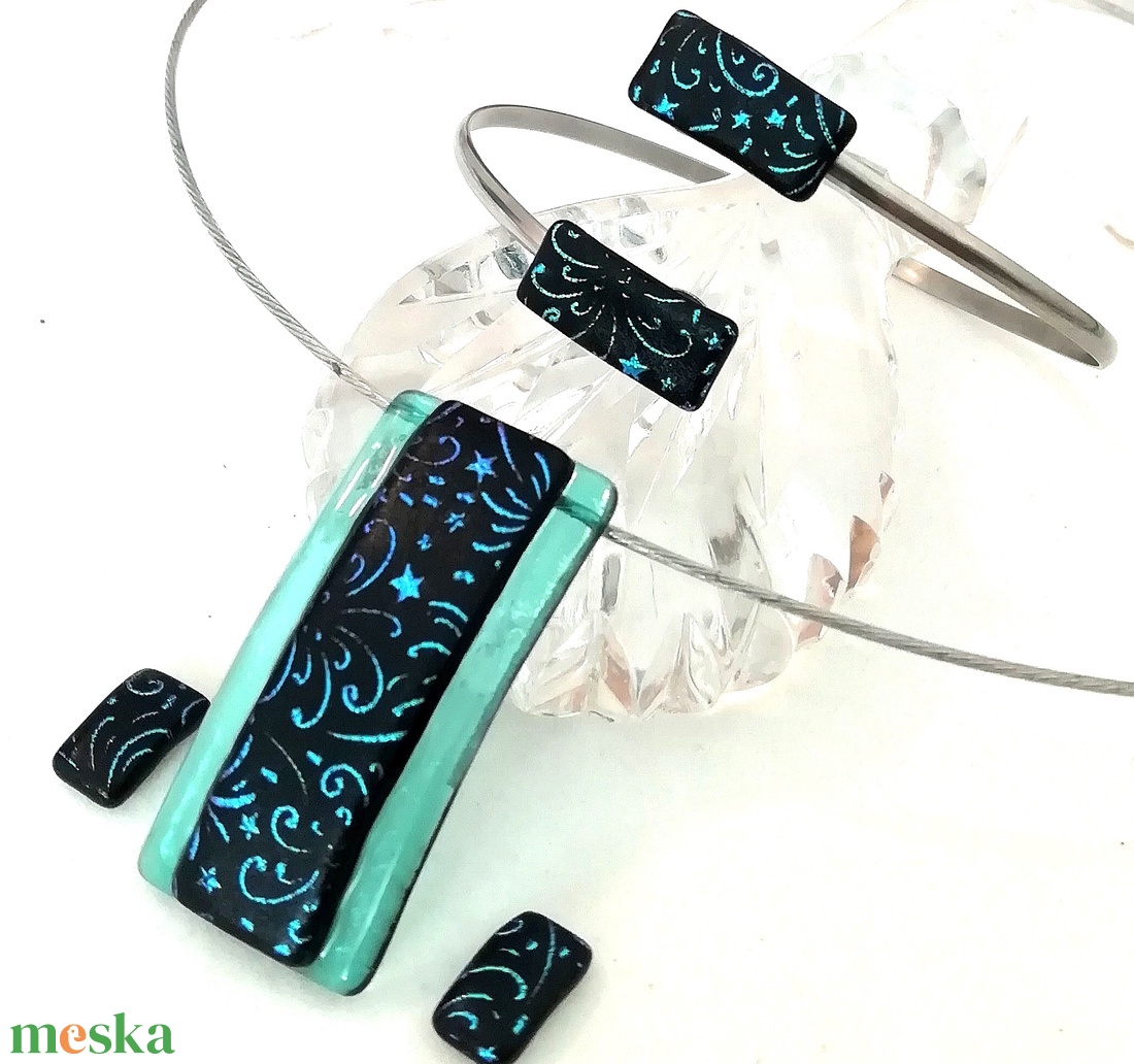 AKCIÓ! Kék-türkiz tűzijáték, dichroic ékszerszett. - ékszer - ékszerszett - Meska.hu