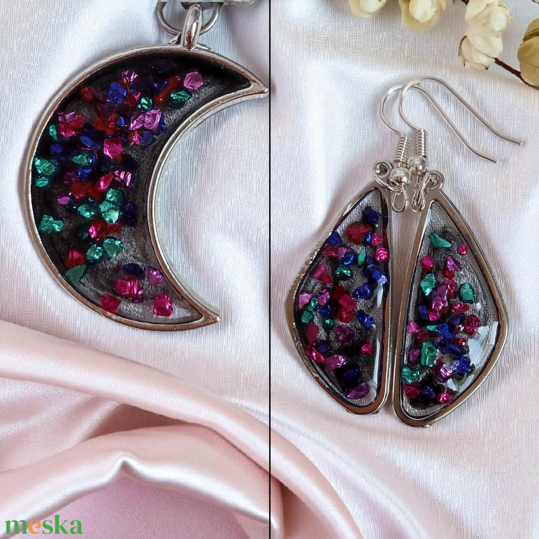 Holdfényes Csillogás - Egyedi Fülbevaló és Medál Szett, Színes Műgyanta Ékszer - ékszer - ékszerszett - Meska.hu