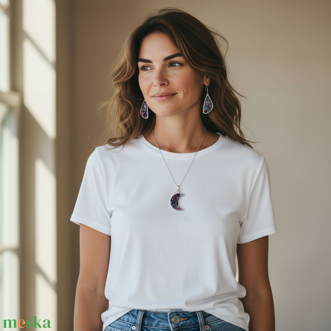 Holdfényes Csillogás - Egyedi Fülbevaló és Medál Szett, Színes Műgyanta Ékszer - ékszer - ékszerszett - Meska.hu