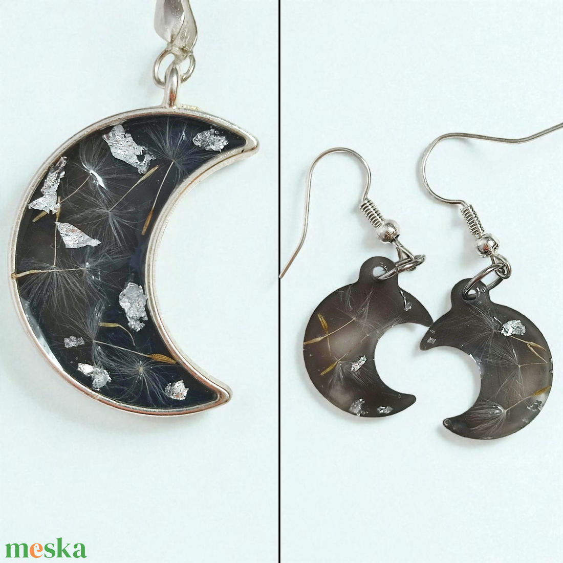 Éjszakai Kívánság  Pitypang Magos Félhold Műgyanta Ékszerszett, Fekete és Ezüst - ékszer - ékszerszett - Meska.hu