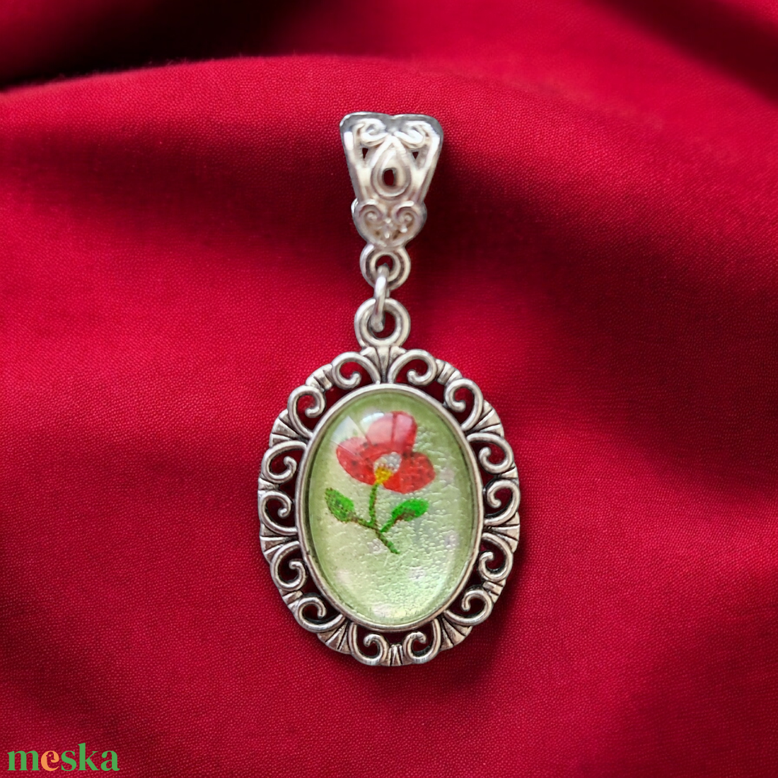 Vintage Stílusú Piros Virágos Zöld Álom Medál Fülbevaló Gyűrű Szett - ékszer - ékszerszett - Meska.hu