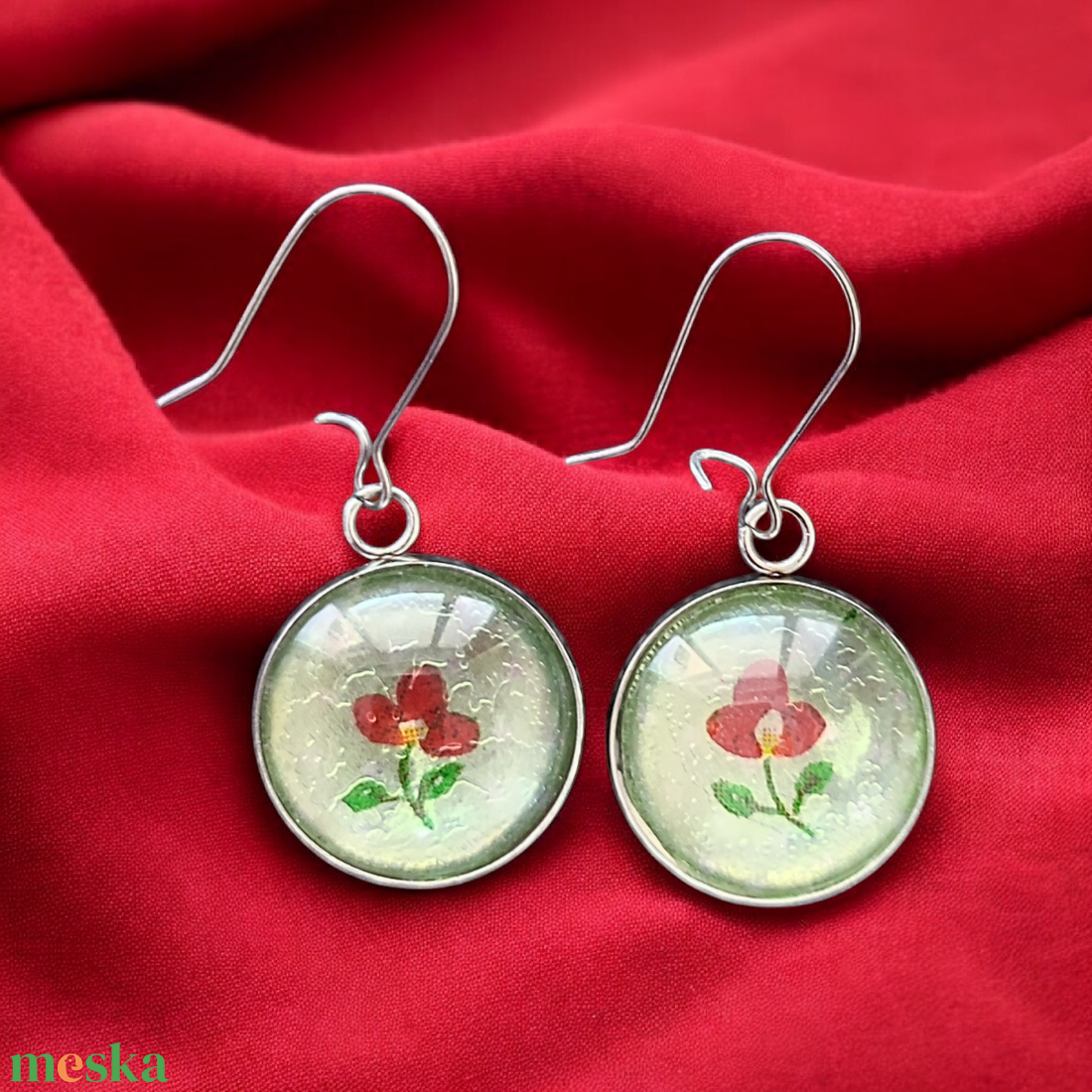 Vintage Stílusú Piros Virágos Zöld Álom Medál Fülbevaló Gyűrű Szett - ékszer - ékszerszett - Meska.hu